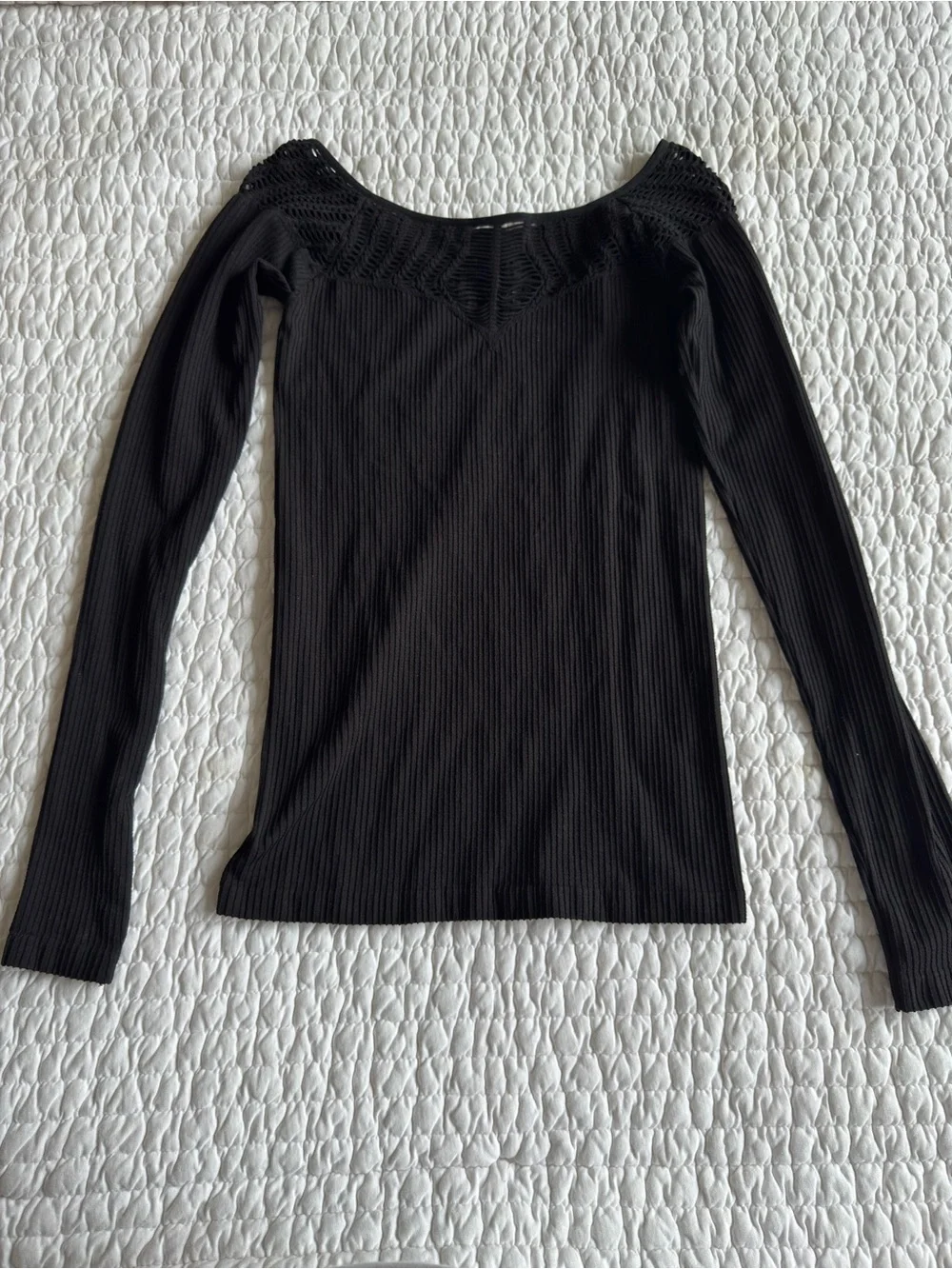 Free People Intimately Black Cut Out Neck Ribbed Long Sleeve Top